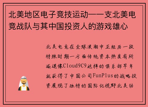 北美地区电子竞技运动—一支北美电竞战队与其中国投资人的游戏雄心