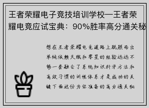 王者荣耀电子竞技培训学校—王者荣耀电竞应试宝典：90%胜率高分通关秘籍